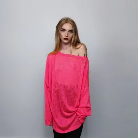 Deep V-neck sheer top revealing transparent sweatshirt cut out neck long sleeve see-through t-shirt rocker jumper edgy baggy tee in pink