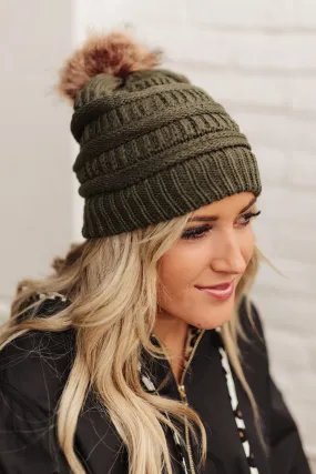 Faux Fur Pom Pom Beanie In Olive