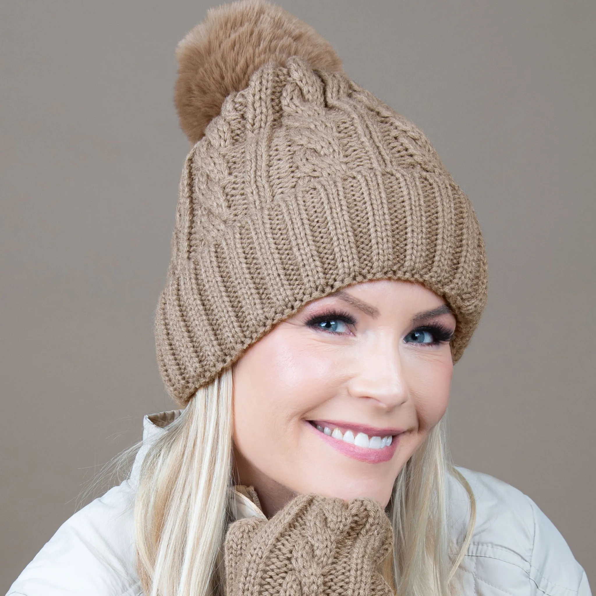 Sierra Cable Knit Pom Lined Beanie Hat