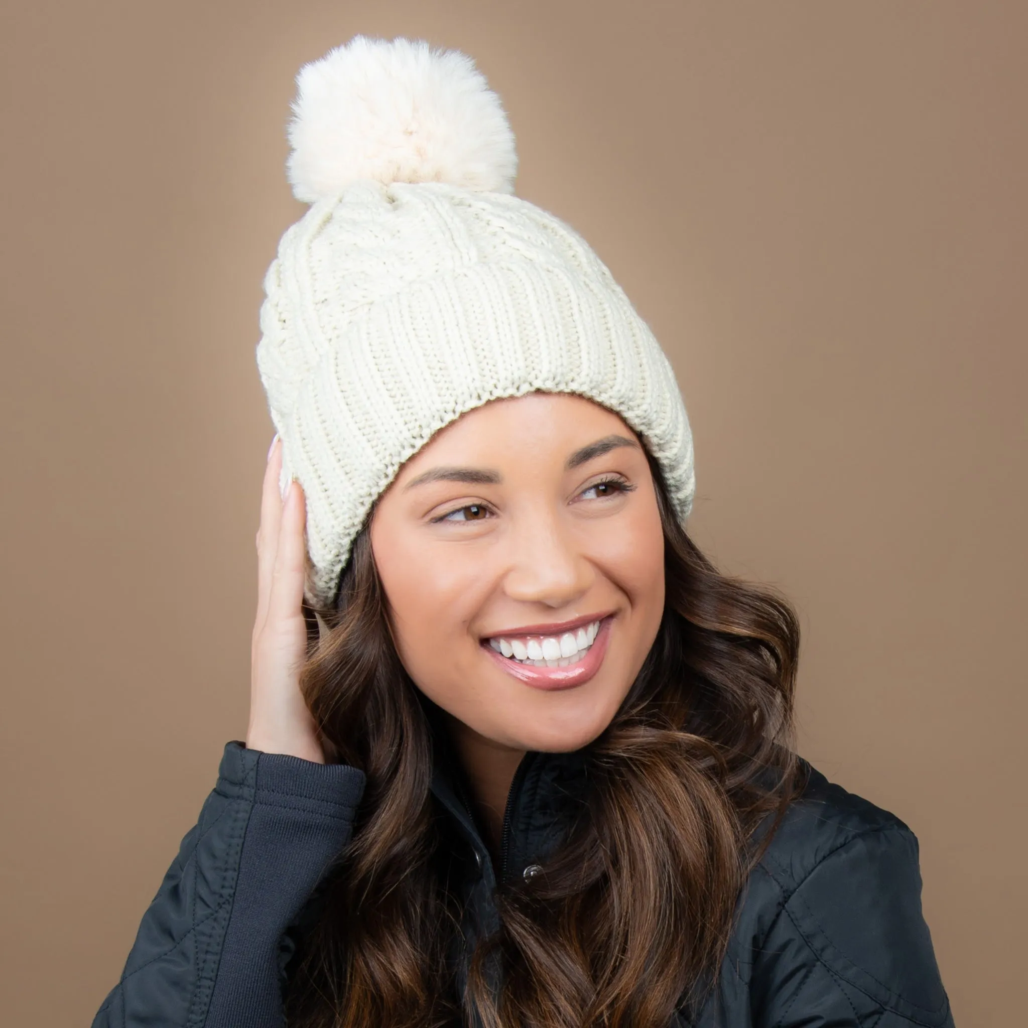 Sierra Cable Knit Pom Lined Beanie Hat