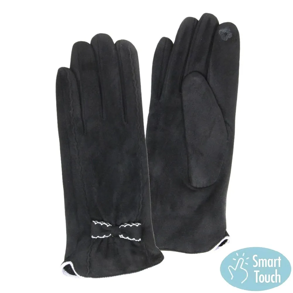 Stitches Bow Accented Soft Faux Suede Smart Gloves